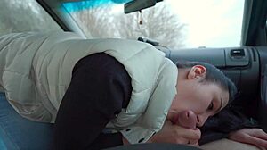 this pretty college brunette beauty sucks me off deep in her car before riding hard