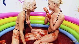 Slippery Wet Lesbians Finger Shaved Pussies in Jello Pool Wrestling