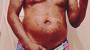 black tattooed stud unloads jizz early for sugar mommy date
