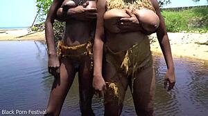 This Lucky African Villager Scores Two Sexy Skinny Black Girlfriends Outdoors