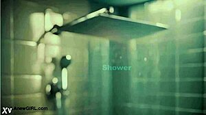 Elegant tall brunette steps under warm shower spray for relaxing bath time ritual