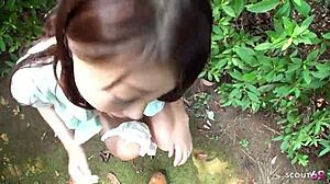 Small Japanese teen chats then swallows stranger cum publicly