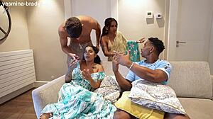 two indian sluts take turns riding bbc in wild interracial foursome