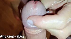 pretty oiled wife with pink nails milks his big cock four times straight
