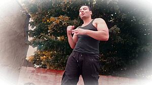 Muscular Kickboxer Rips Pants Kicking, Tells Fight Story While Masturbating Huge Cock