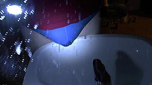 Peeing Soaks Blue Underpants Right Over the Sink