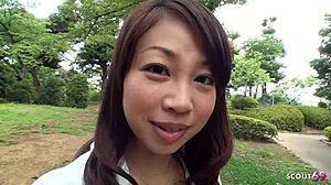Small Japanese teen chats then swallows stranger cum publicly