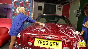 Big titted bikini lesbians lick clits after car wash fun