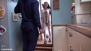 nasty slut bent over kitchen desk, huge cock deepthroats then creampies her wet pussy dripping cum