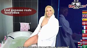 slim blonde milf with fake tits fucks stranger as hubby watches facial finish