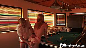 sexy ginger ignores pool table rules for deepthroat doggystyle on desk with tattooed stud