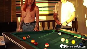 sexy ginger ignores pool table rules for deepthroat doggystyle on desk with tattooed stud