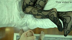 Blonde Milf Delivers Cum Drenched Footjob in Fishnets and Nylons