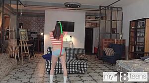 Jane White fingers shaved teen pussy on gymnastics hoop