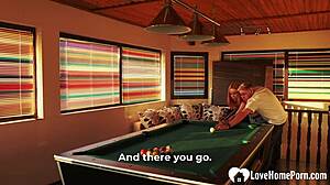 sexy ginger ignores pool table rules for deepthroat doggystyle on desk with tattooed stud