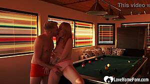 sexy ginger ignores pool table rules for deepthroat doggystyle on desk with tattooed stud