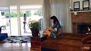 pretty lesbian fingers herself by fireplace till friend joins for licking fun