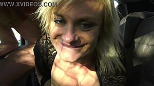 Blonde milf sneaks onto cock for wild car ride thrill