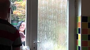 Busty teen window cleaner rides big cock after pussy lick