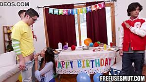 Boyfriend uses girlfriend sloppy deepthroat on birthday with friends watching