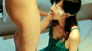 wow! cute wife's green lingerie blowjob explodes young cock!