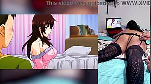 Latina teen reacts to hentai blowjobs cum on big tits ass