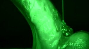 She strokes him sticky with slimy latex gloves dripping