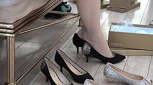 Two short skirt meaty nylon beauties try on high heels in shoe store hidden cam