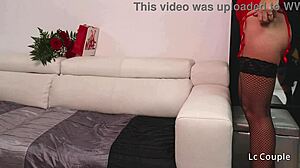 Red Lingerie Tease Ignites Sensual Bent Over Desire in Valentine Glow