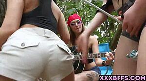 Three Slutty Teens 18+ Bent Over Doggystyle for Outdoor Camping Group Fuck