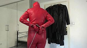 red leather hooded wife chained handcuffed fetish bound