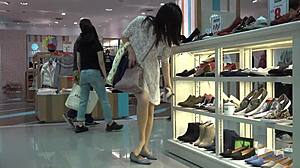 Two short skirt meaty nylon beauties try on high heels in shoe store hidden cam