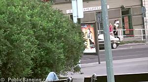 omg cute teen gets fucked hard outdoors by two guys near city statue!
