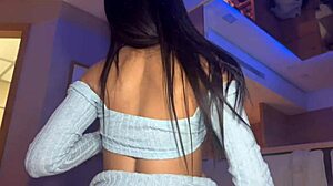 Skinny brunette gags deep on cock in miniskirt cuckold tease