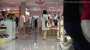 Two short skirt meaty nylon beauties try on high heels in shoe store hidden cam