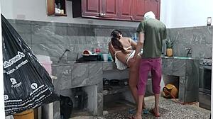 Busty Brunette Maid Masturbates Juicy Tits In Kitchen