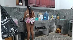 Busty Brunette Maid Masturbates Juicy Tits In Kitchen