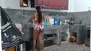 Busty Brunette Maid Masturbates Juicy Tits In Kitchen