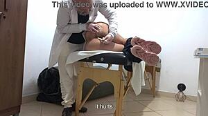 proctologist rips clothes for anal fingering exam on desk at hospital