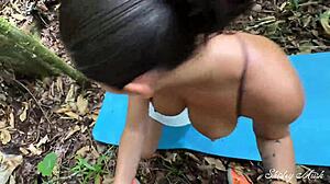 busty milf bestie joins wife for nervous outdoor pussy fuck session