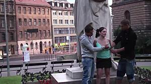omg cute teen gets fucked hard outdoors by two guys near city statue!
