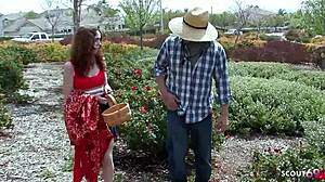 redhead with bushy pussy and saggy tits tempts neighbor for rough ride