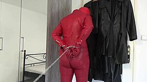 red leather hooded wife chained handcuffed fetish bound