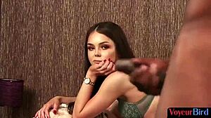 classy brunette voyeur teases ass and heels for black guy wanking