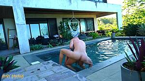 gf takes rough outdoor anal creampie bent over pool, deepthroat facefucked till moaning orgasm