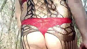 reymisterio422 rams dildo up trans latina ass in favorite forest spot, public outdoor anal toy fuck