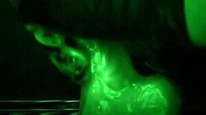 She strokes him sticky with slimy latex gloves dripping