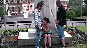 omg cute teen gets fucked hard outdoors by two guys near city statue!