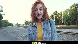 Redhead's Narrow Ass Takes Monster Cock Outdoors!