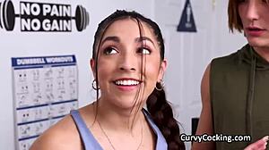perky brunette gym hottie bounces on two throbbing cocks in spandex threesome!